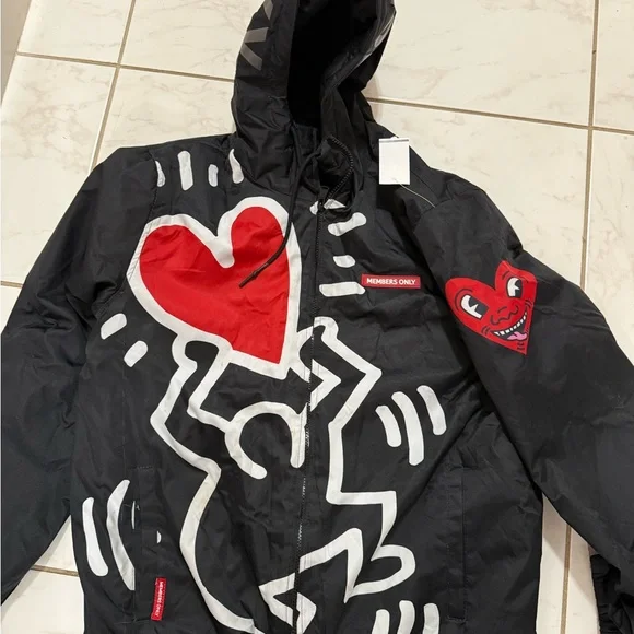 Members Only x Keith Haring Hooded Jacket Black Graphic Poly Filled Streetwear M - Picture 9 of 17